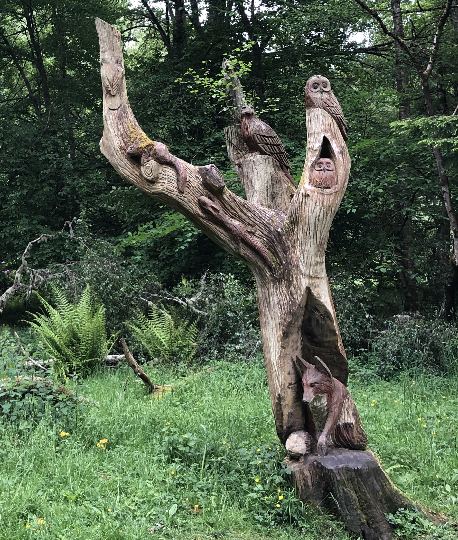 Carved tree with owl and fox